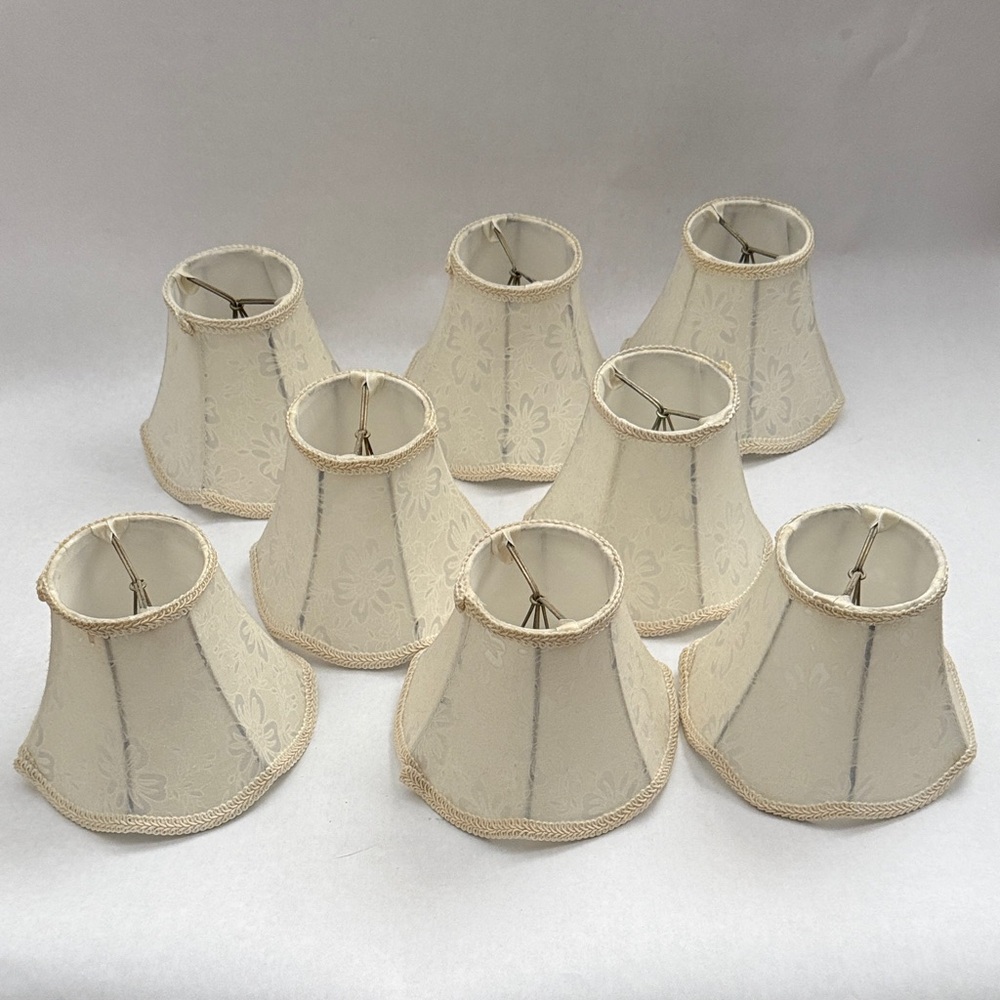 Set of 8 Cream Fabric Bell Lamp Shades 5” Tall Clip On Floral Pattern